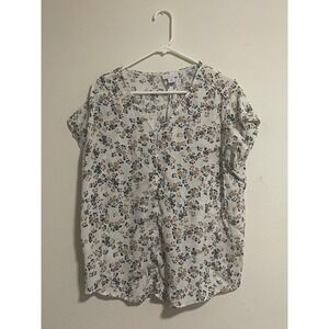 Liz Claiborne Womens XXL Floral Button Front Blouse Short Sleeve V-Neck Cream